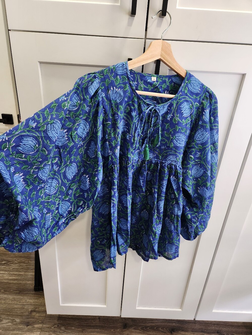 Handmade Blue Floral Block Print Cotton Peplum Top, Boho Puff Sleeve Blouse S